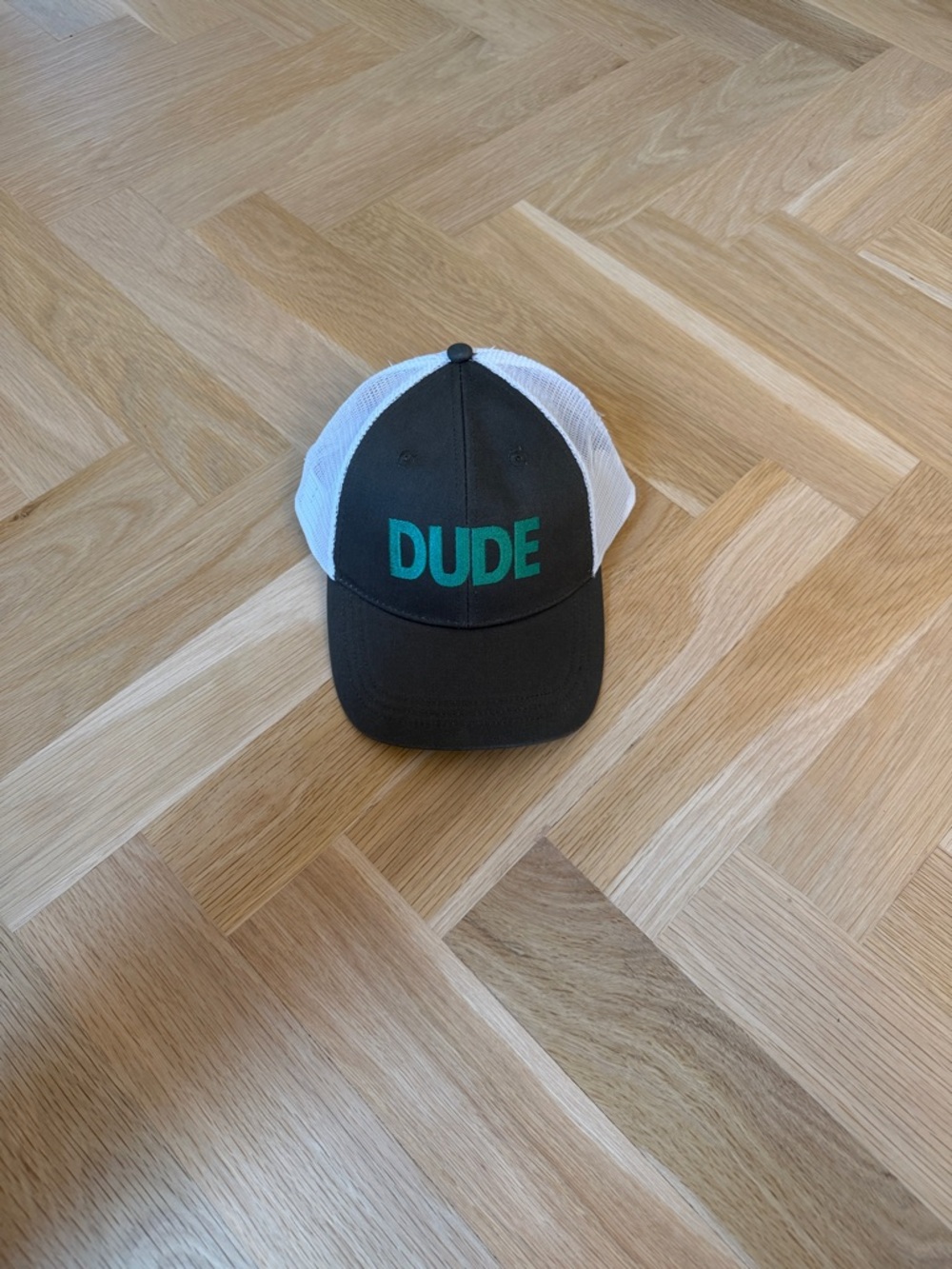Crewcuts Dark Green & White Trucker Hat with Teal DUDE Logo